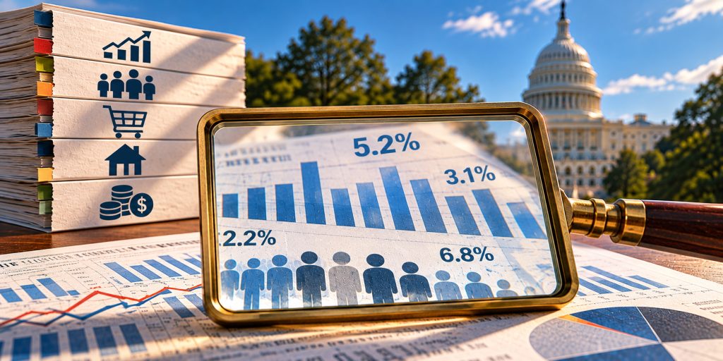 Reliability of government statistics illustrated by charts under a magnifying glass * Title: Reliability of Government Statistics