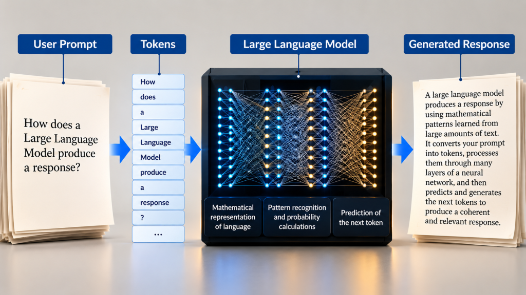 Diagram showing how ChatGPT works as a user prompt is converted into tokens, processed by a Large Language Model, and converted into a generated response.