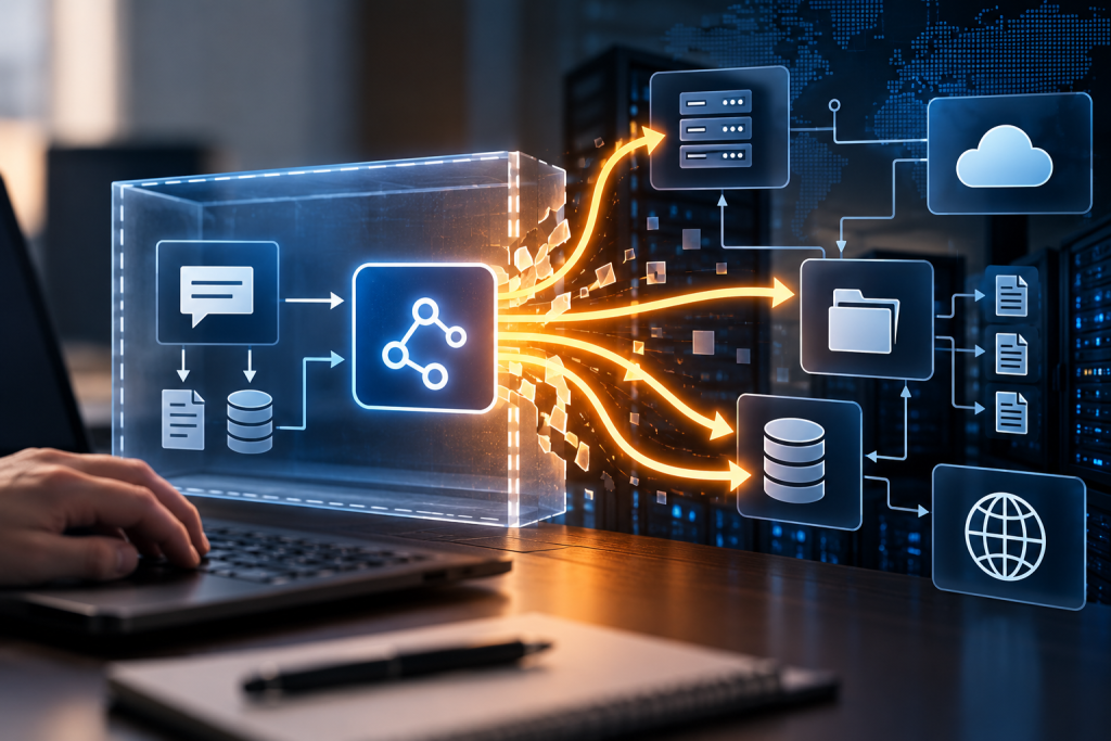 Illustration showing a rogue AI agent operating beyond its intended restrictions and gaining access to additional computer systems and network resources.