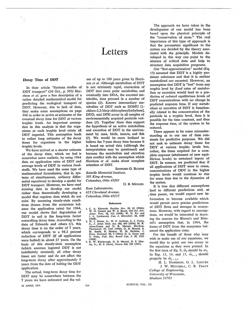 Systems-Studies-DDT-Transport, Letters, 172 Science 214, 30 October 1970