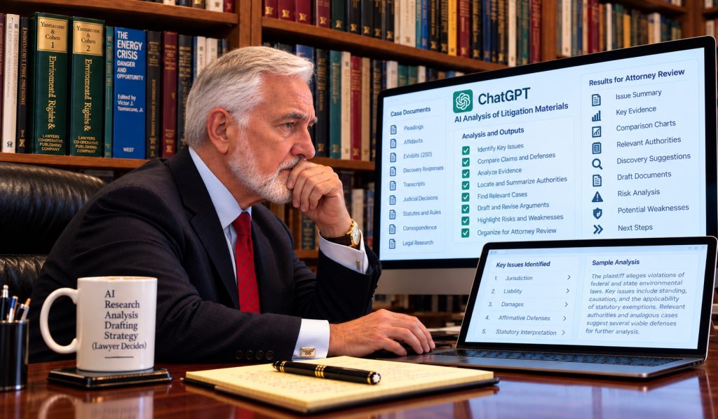 Litigator using Artificial intelligence in litigation with ChatGPT presenting results for attorney review.