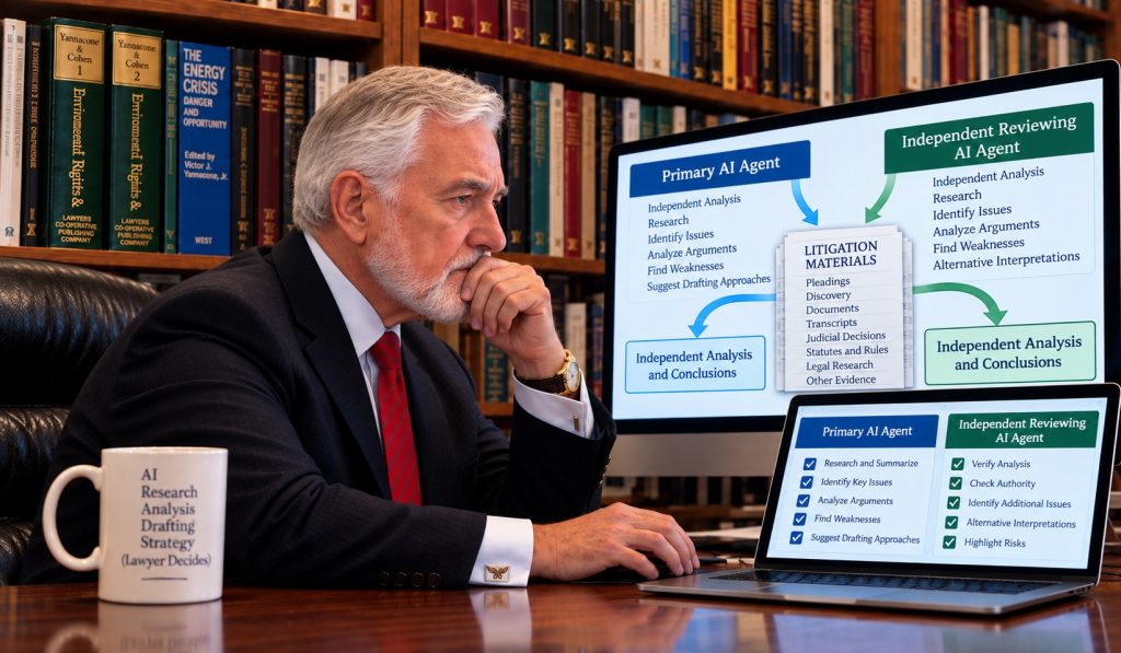Two AI agents in litigation independently analyzing the same source materials for review and verification by the lawyer.